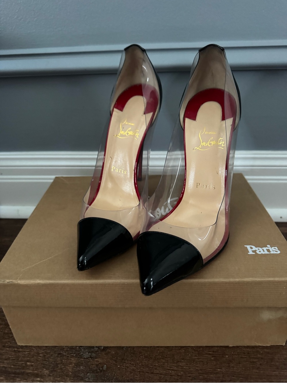 Christian Louboutin Black Patent Pointed-Toe Clear Pumps with Nude Panels
